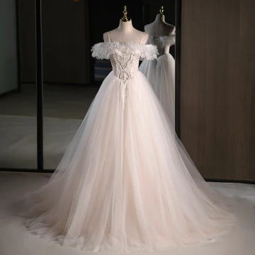 Charmant Ivoire En Dentelle Fleur Perlage Paillettes Faux Diamant Robe De Mariée 2023 Robe Boule Bretelles Spaghetti Manches Courtes Dos Nu Train De Balayage Mariage