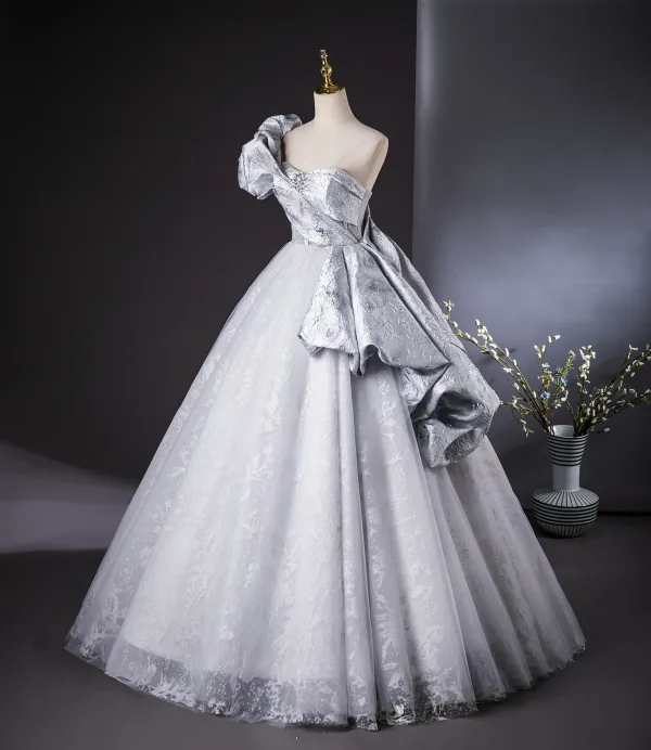 Mode Silber Grau Strass Ballkleider 2024 Ballkleid One-Shoulder Kurze Ärmel Rückenfreies Lange Ball Festliche Kleider