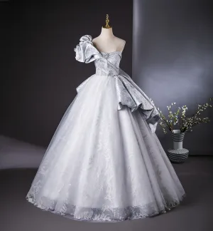 Mode Argenté Gris Faux Diamant Robe De Bal 2024 Robe Boule Une Épaule Manches Courtes Dos Nu Longue Promo Robe De Ceremonie