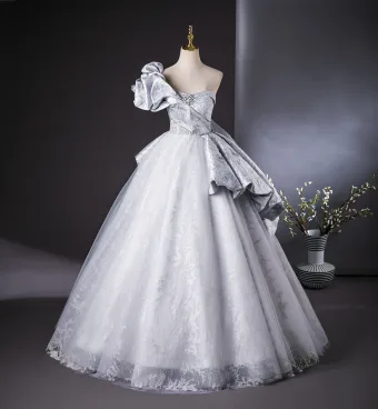 Fashion Silver Grey Rhinestone Prom Dresses 2024 Ball Gown One Shoulder Short Sleeve Backless Floor Length Long Prom Formal Dresses