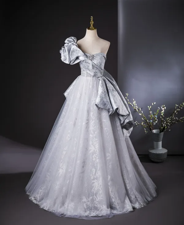 Mode Silber Grau Strass Ballkleider 2024 Ballkleid One-Shoulder Kurze Ärmel Rückenfreies Lange Ball Festliche Kleider