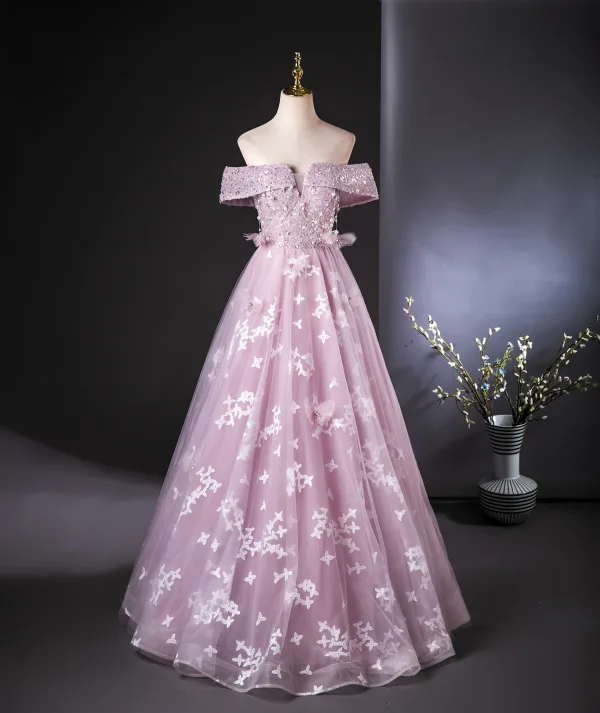 Charming Lavender Beading Pearl Lace Flower Prom Dresses 2024 Ball Gown Off-The-Shoulder Short Sleeve Backless Floor-Length / Long Prom Formal Dresses