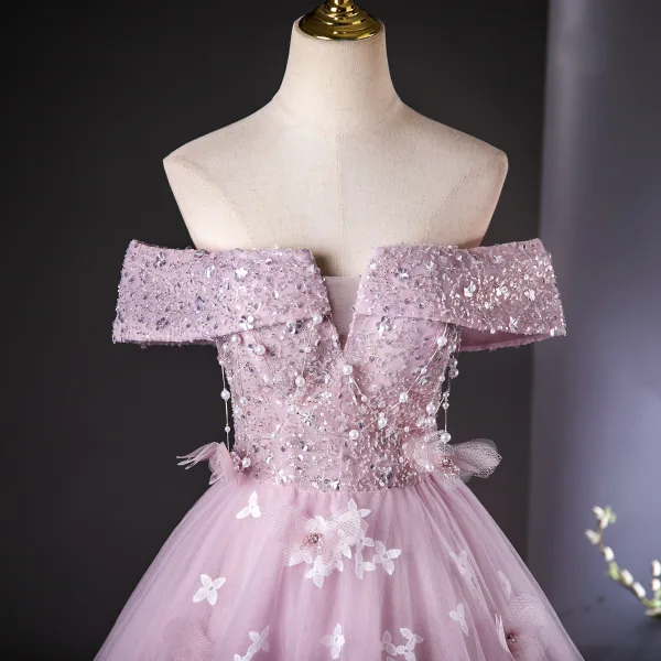 Charming Lavender Beading Pearl Lace Flower Prom Dresses 2024 Ball Gown Off-The-Shoulder Short Sleeve Backless Floor-Length / Long Prom Formal Dresses