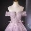 Charming Lavender Beading Pearl Lace Flower Prom Dresses 2024 Ball Gown Off-The-Shoulder Short Sleeve Backless Floor-Length / Long Prom Formal Dresses