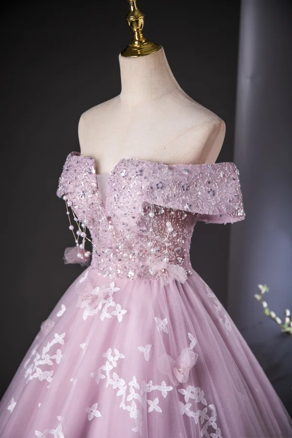 Charming Lavender Beading Pearl Lace Flower Prom Dresses 2024 Ball Gown Off-The-Shoulder Short Sleeve Backless Floor-Length / Long Prom Formal Dresses