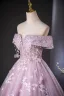 Charming Lavender Beading Pearl Lace Flower Prom Dresses 2024 Ball Gown Off-The-Shoulder Short Sleeve Backless Floor-Length / Long Prom Formal Dresses