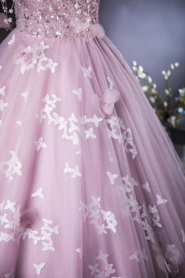 Charming Lavender Beading Pearl Lace Flower Prom Dresses 2024 Ball Gown Off-The-Shoulder Short Sleeve Backless Floor-Length / Long Prom Formal Dresses