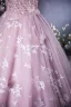 Charming Lavender Beading Pearl Lace Flower Prom Dresses 2024 Ball Gown Off-The-Shoulder Short Sleeve Backless Floor-Length / Long Prom Formal Dresses