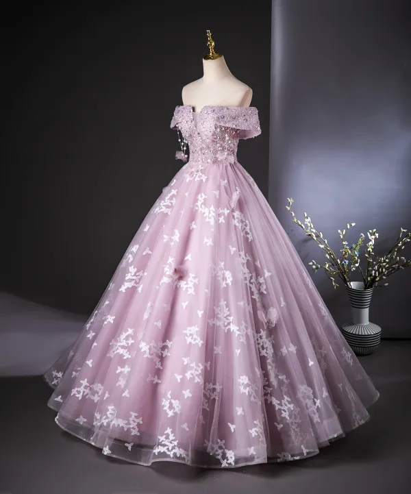 Charming Lavender Beading Pearl Lace Flower Prom Dresses 2024 Ball Gown Off-The-Shoulder Short Sleeve Backless Floor-Length / Long Prom Formal Dresses