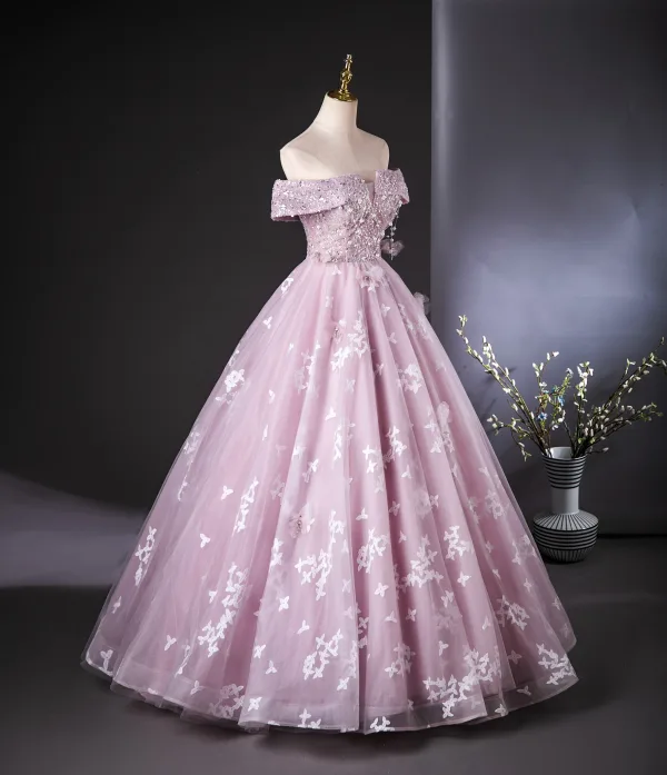 Charming Lavender Beading Pearl Lace Flower Prom Dresses 2024 Ball Gown Off-The-Shoulder Short Sleeve Backless Floor-Length / Long Prom Formal Dresses