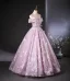 Charming Lavender Beading Pearl Lace Flower Prom Dresses 2024 Ball Gown Off-The-Shoulder Short Sleeve Backless Floor-Length / Long Prom Formal Dresses