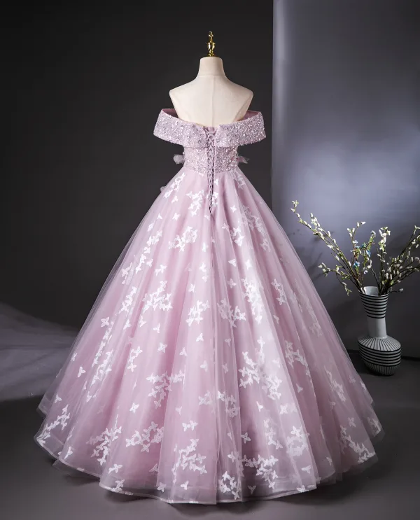 Charming Lavender Beading Pearl Lace Flower Prom Dresses 2024 Ball Gown Off-The-Shoulder Short Sleeve Backless Floor-Length / Long Prom Formal Dresses