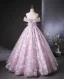 Charming Lavender Beading Pearl Lace Flower Prom Dresses 2024 Ball Gown Off-The-Shoulder Short Sleeve Backless Floor-Length / Long Prom Formal Dresses