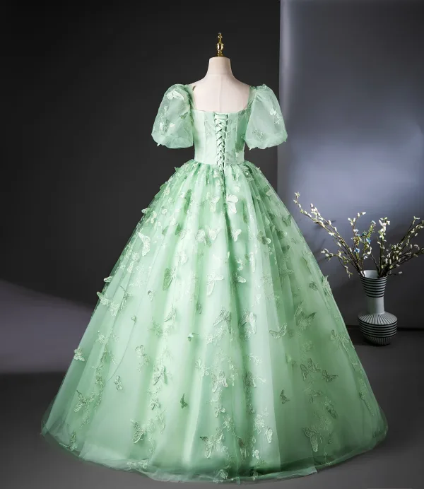 Elegant Sage Green Lace Butterfly Prom Dresses 2024 Ball Gown Square Neckline Puffy Short Sleeve Backless Floor-Length / Long Prom Formal Dresses