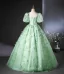 Elegant Sage Green Lace Butterfly Prom Dresses 2024 Ball Gown Square Neckline Puffy Short Sleeve Backless Floor-Length / Long Prom Formal Dresses
