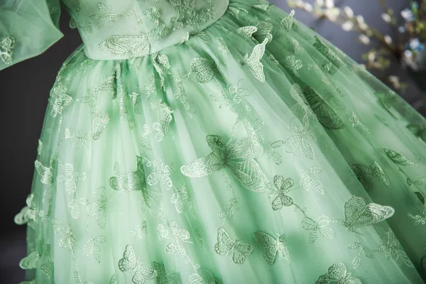 Elegant Sage Green Lace Butterfly Prom Dresses 2024 Ball Gown Square Neckline Puffy Short Sleeve Backless Floor-Length / Long Prom Formal Dresses
