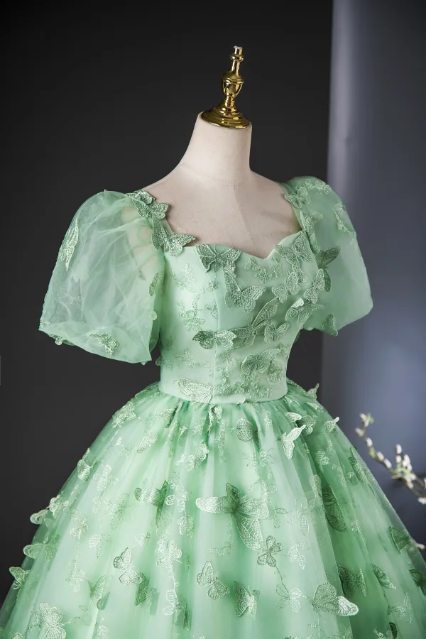 Elegant Sage Green Lace Butterfly Prom Dresses 2024 Ball Gown Square Neckline Puffy Short Sleeve Backless Floor-Length / Long Prom Formal Dresses