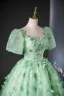 Elegant Sage Green Lace Butterfly Prom Dresses 2024 Ball Gown Square Neckline Puffy Short Sleeve Backless Floor-Length / Long Prom Formal Dresses