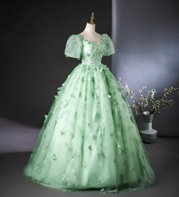 Elegant Sage Green Lace Butterfly Prom Dresses 2024 Ball Gown Square Neckline Puffy Short Sleeve Backless Floor-Length / Long Prom Formal Dresses