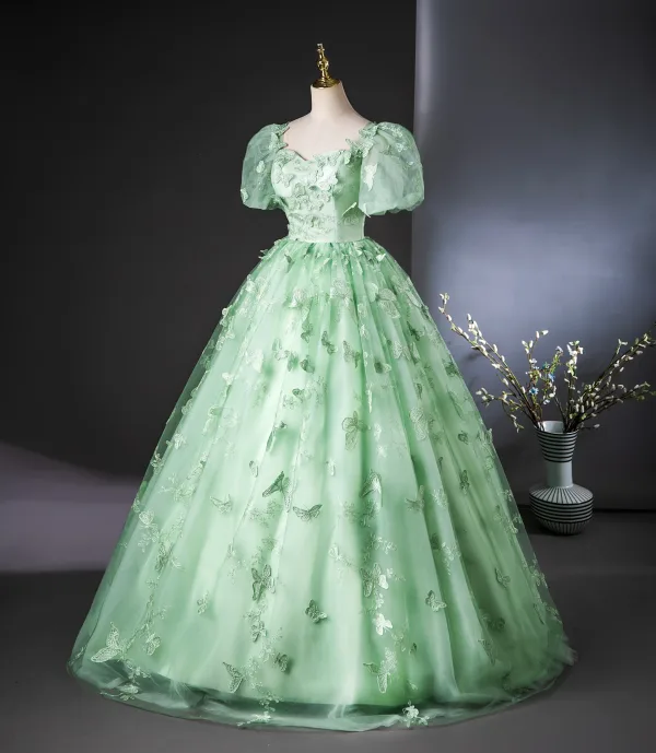 Elegant Sage Green Lace Butterfly Prom Dresses 2024 Ball Gown Square Neckline Puffy Short Sleeve Backless Floor-Length / Long Prom Formal Dresses