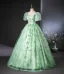 Elegant Sage Green Lace Butterfly Prom Dresses 2024 Ball Gown Square Neckline Puffy Short Sleeve Backless Floor-Length / Long Prom Formal Dresses