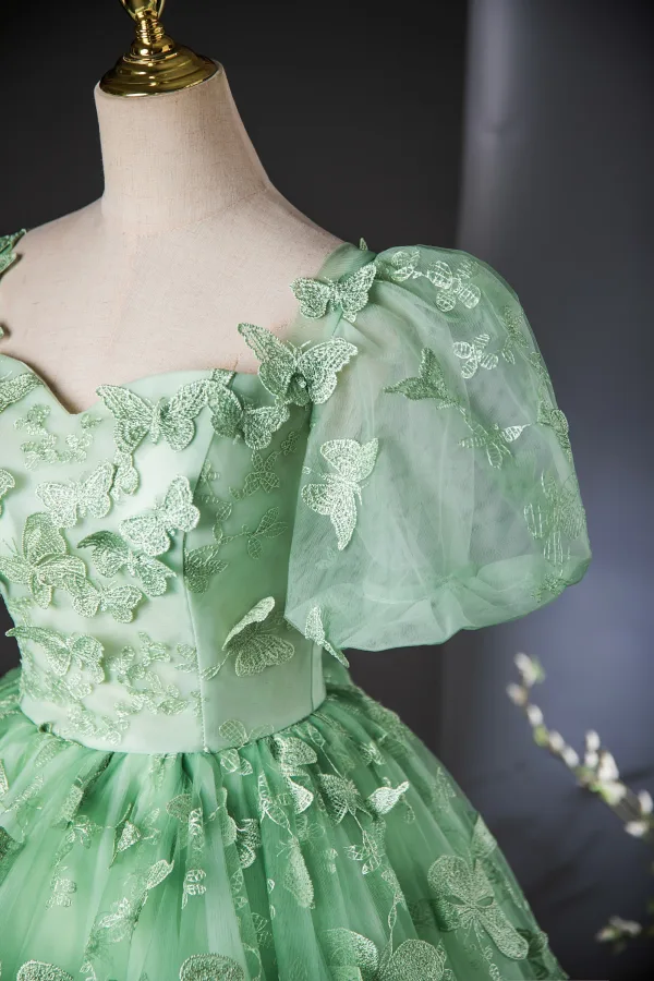 Elegant Sage Green Lace Butterfly Prom Dresses 2024 Ball Gown Square Neckline Puffy Short Sleeve Backless Floor-Length / Long Prom Formal Dresses