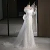 Charming Bling Bling White Beading Sequins Wedding Dresses 2023 Trumpet / Mermaid Off-The-Shoulder Sleeveless Backless Bow Sweep Train Wedding