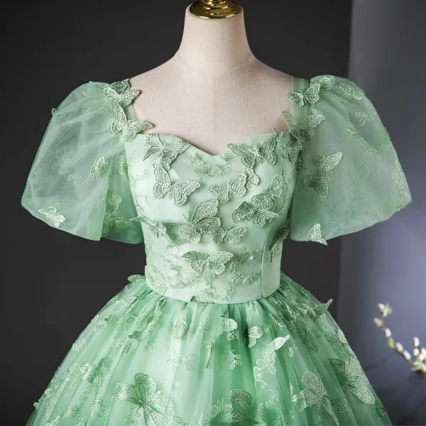 Elegant Sage Green Lace Butterfly Prom Dresses 2024 Ball Gown Square Neckline Puffy Short Sleeve Backless Floor-Length / Long Prom Formal Dresses