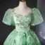 Elegant Sage Green Lace Butterfly Prom Dresses 2024 Ball Gown Square Neckline Puffy Short Sleeve Backless Floor-Length / Long Prom Formal Dresses