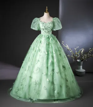 Élégant Vert Cendré En Dentelle Papillon Robe De Bal 2024 Robe Boule Encolure Carrée Gonflée Manches Courtes Dos Nu Longue Promo Robe De Ceremonie
