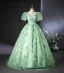 Elegant Sage Green Lace Butterfly Prom Dresses 2024 Ball Gown Square Neckline Puffy Short Sleeve Backless Floor-Length / Long Prom Formal Dresses