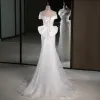 Charming Bling Bling White Beading Sequins Wedding Dresses 2023 Trumpet / Mermaid Off-The-Shoulder Sleeveless Backless Bow Sweep Train Wedding