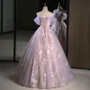 Charming Lavender Appliques Beading Pearl Sequins Prom Dresses 2023 A-Line / Princess Off-The-Shoulder Sleeveless Backless Floor-Length / Long Prom Formal Dresses