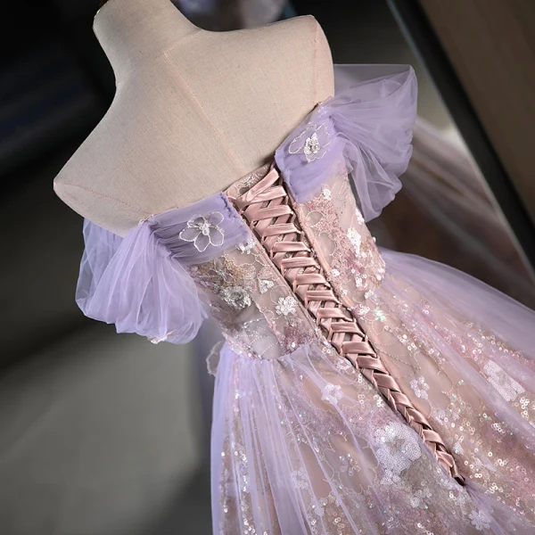 Charming Lavender Appliques Beading Pearl Sequins Prom Dresses 2023 A-Line / Princess Off-The-Shoulder Sleeveless Backless Floor-Length / Long Prom Formal Dresses