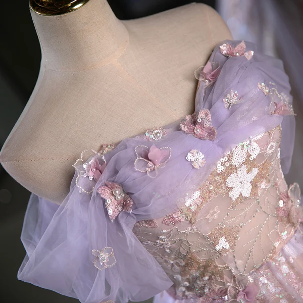 Charming Lavender Appliques Beading Pearl Sequins Prom Dresses 2023 A-Line / Princess Off-The-Shoulder Sleeveless Backless Floor-Length / Long Prom Formal Dresses