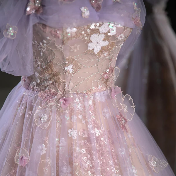 Charming Lavender Appliques Beading Pearl Sequins Prom Dresses 2023 A-Line / Princess Off-The-Shoulder Sleeveless Backless Floor-Length / Long Prom Formal Dresses