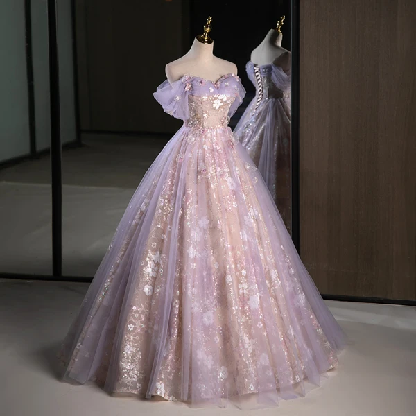 Charming Lavender Appliques Beading Pearl Sequins Prom Dresses 2023 A-Line / Princess Off-The-Shoulder Sleeveless Backless Floor-Length / Long Prom Formal Dresses