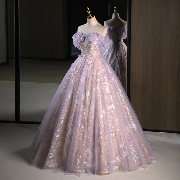 Charming Lavender Appliques Beading Pearl Sequins Prom Dresses 2023 A-Line / Princess Off-The-Shoulder Sleeveless Backless Floor-Length / Long Prom Formal Dresses