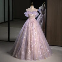 Encantador Espliego Apliques Rebordear Perla Lentejuelas Vestidos de gala 2023 A-Line / Princess Fuera Del Hombro Sin Mangas Sin Espalda Largos Gala Vestidos Formales