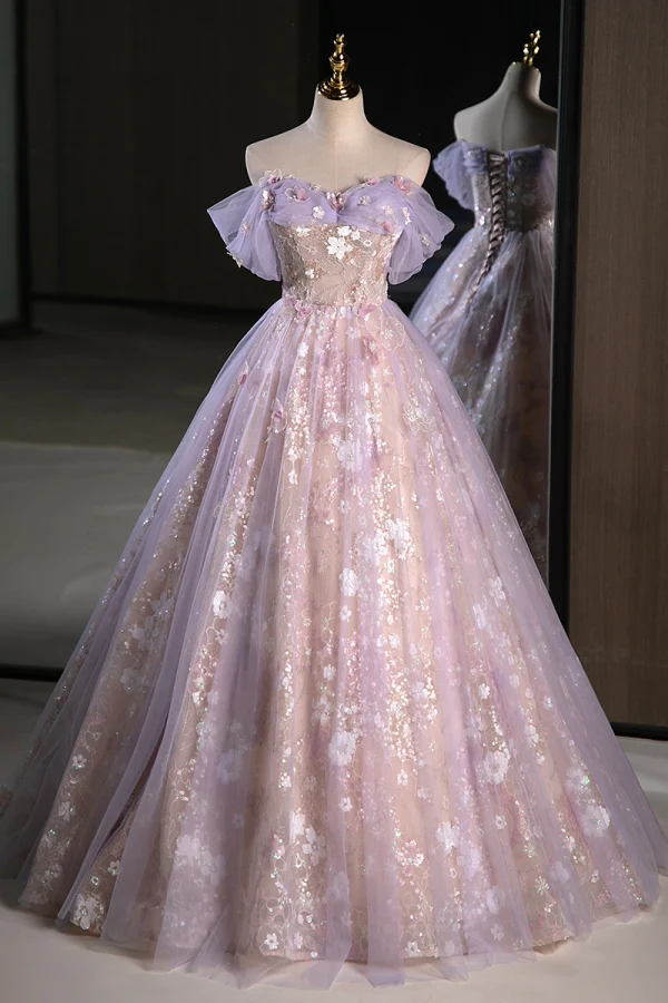 Charming Lavender Appliques Beading Pearl Sequins Prom Dresses 2023 A-Line / Princess Off-The-Shoulder Sleeveless Backless Floor-Length / Long Prom Formal Dresses