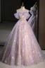Charming Lavender Appliques Beading Pearl Sequins Prom Dresses 2023 A-Line / Princess Off-The-Shoulder Sleeveless Backless Floor-Length / Long Prom Formal Dresses