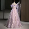 Charming Lavender Appliques Beading Pearl Sequins Prom Dresses 2023 A-Line / Princess Off-The-Shoulder Sleeveless Backless Floor-Length / Long Prom Formal Dresses