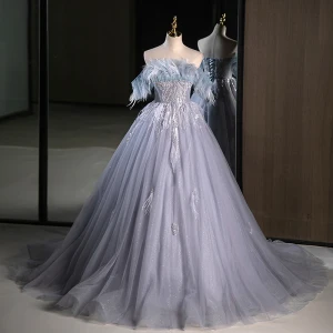 Charming Grey Feather Beading Sequins Prom Dresses 2023 A Line Princess Strapless Sleeveless Backless Sweep Train Prom Formal Dresses