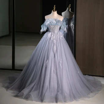 Charmant Gris Plumes Perlage Paillettes Robe De Bal 2023 Princesse Bustier Sans Manches Dos Nu Train De Balayage Promo Robe De Ceremonie