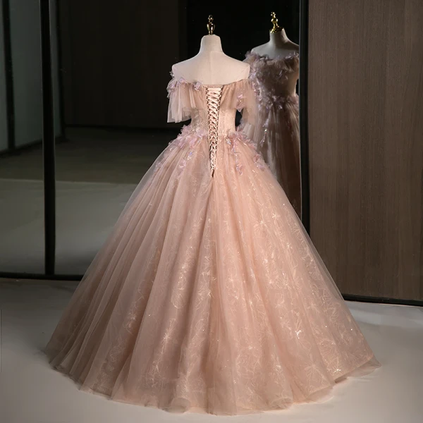 Flower Fairy Blushing Pink Appliques Sequins Prom Dresses 2023 Ball Gown Off-The-Shoulder Short Sleeve Backless Floor-Length / Long Prom Formal Dresses