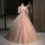 Flower Fairy Blushing Pink Appliques Sequins Prom Dresses 2023 Ball Gown Off-The-Shoulder Short Sleeve Backless Floor-Length / Long Prom Formal Dresses