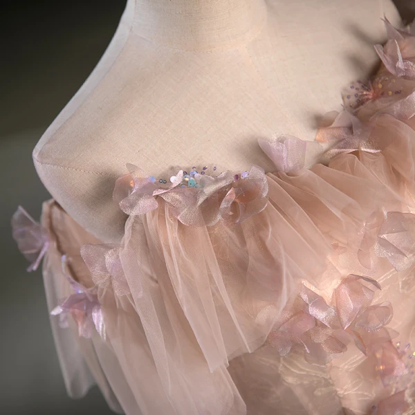 Flower Fairy Blushing Pink Appliques Sequins Prom Dresses 2023 Ball Gown Off-The-Shoulder Short Sleeve Backless Floor-Length / Long Prom Formal Dresses