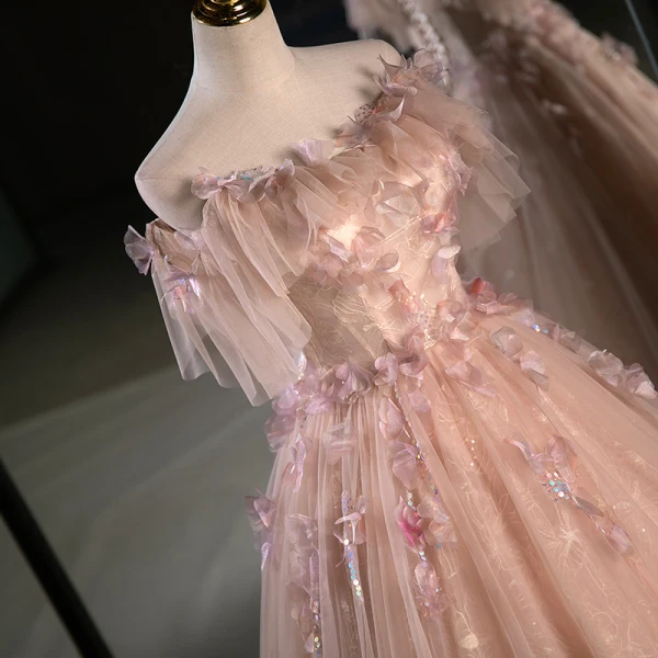 Flower Fairy Blushing Pink Appliques Sequins Prom Dresses 2023 Ball Gown Off-The-Shoulder Short Sleeve Backless Floor-Length / Long Prom Formal Dresses