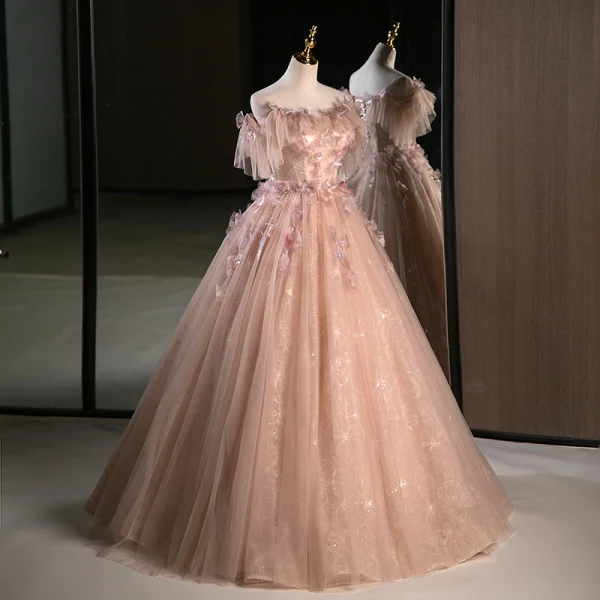 Flower Fairy Blushing Pink Appliques Sequins Prom Dresses 2023 Ball Gown Off-The-Shoulder Short Sleeve Backless Floor-Length / Long Prom Formal Dresses