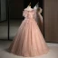 Flower Fairy Blushing Pink Appliques Sequins Prom Dresses 2023 Ball Gown Off-The-Shoulder Short Sleeve Backless Floor-Length / Long Prom Formal Dresses